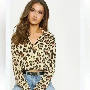 PrettyLittleThing tan, leopard print, long sleeve crop top